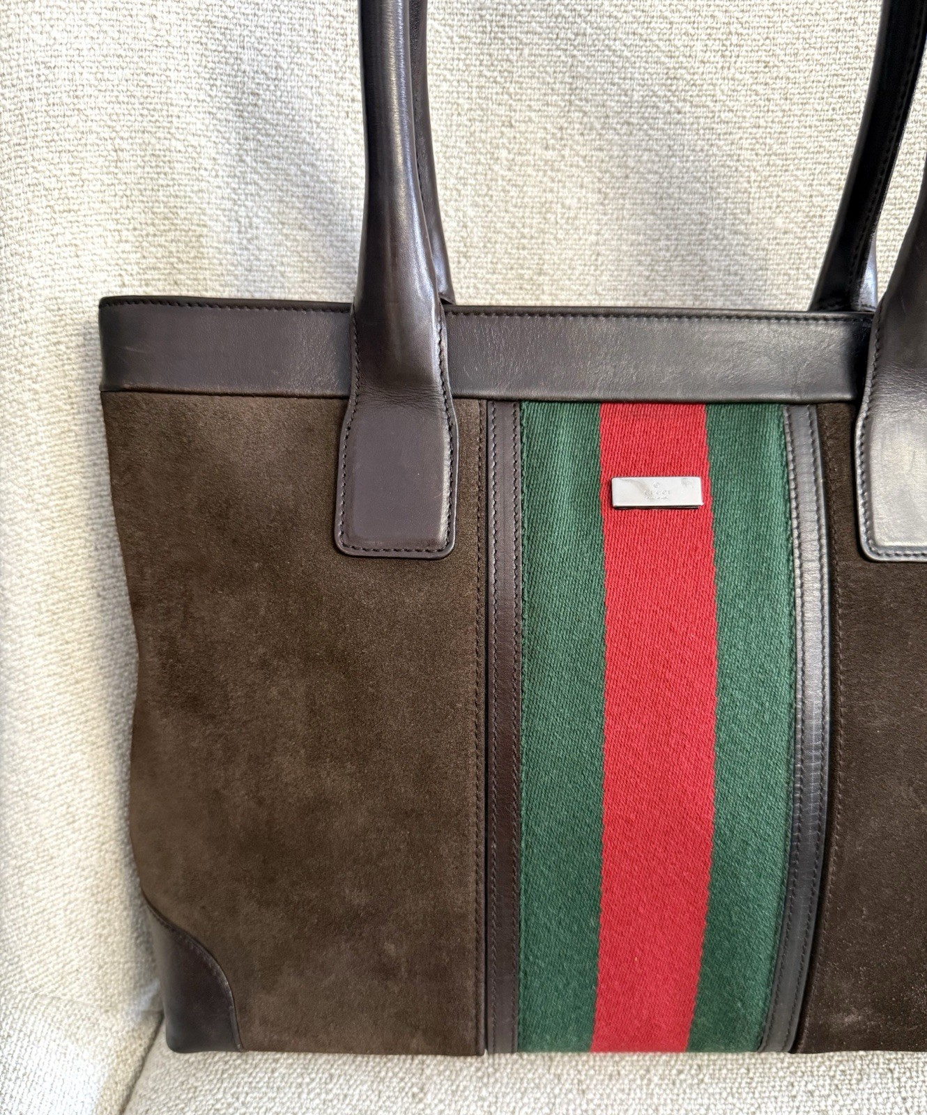 Gucci Authentic Brown Suede Medium Tote Bag Brown Leather Sherry Line Accents thumbnail 2