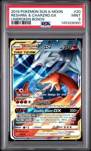 Pokémon TCG Reshiram & Charizard GX Holo Card 20/214 Unbroken Bonds PSA 9