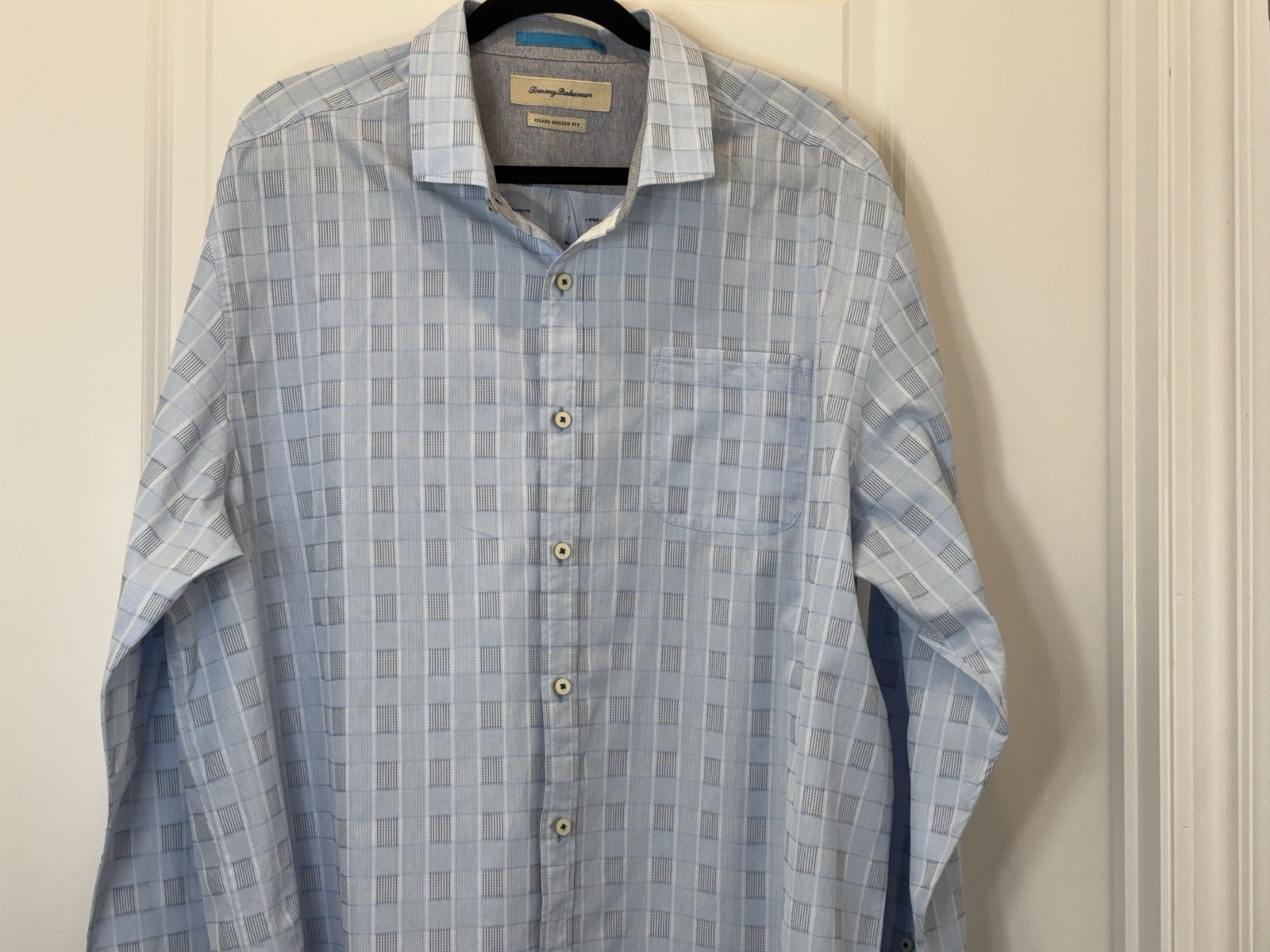 Tommy Bahama Island Modern Fit Shirt 100% Linen Men's XXL Blue Plaid Long Sleeve