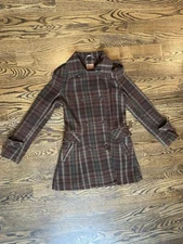 Goode Rider Brown & Green Plaid Double Breasted Coat Jacket Wool - Size Small