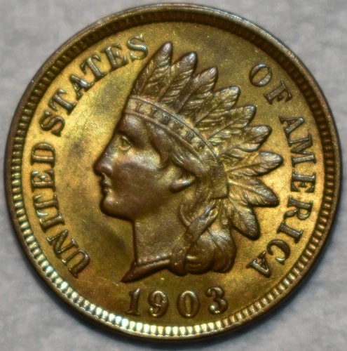 Uncirculated 1903 Indian Head Cent, Lustrous, Olive-Toned specimen.