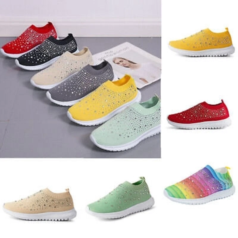 Women Ladies Sparkly Glitter Sneakers Casual Slip On Trainers Sock Shoes UK Size