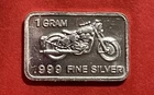 Solid Silver Bar With Motorcycle Image. 1 Gram Fine .999 Pure Silver