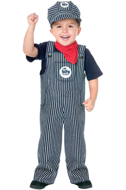 ハッピー Train Conductor Engineer Striped Overalls Boys Outfit Toddler