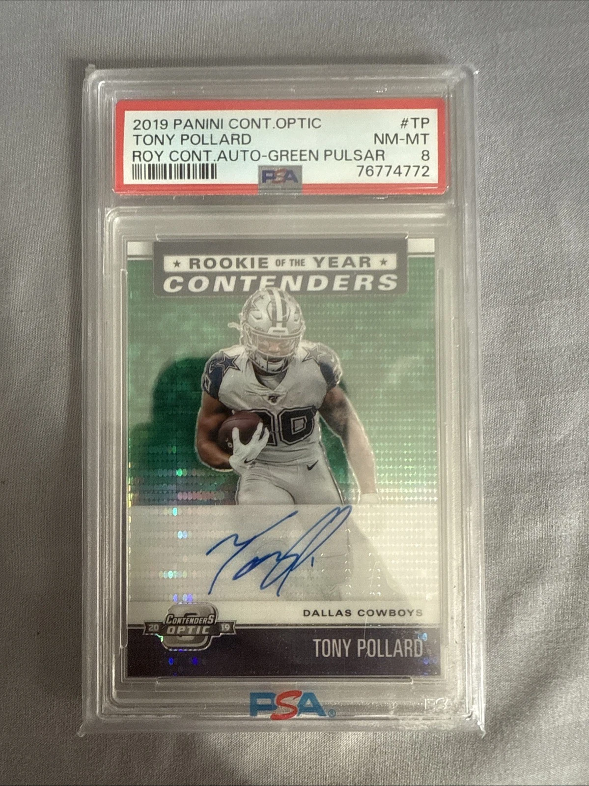 Tony Pollard Panini Contenders Optic Rookie of the Year Contenders Autographs #TP Green Pulsar