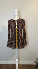 Free People Ossie Vibes Bell Sleeve Paisley Mini Shift Dress Gold Brown Sz 2
