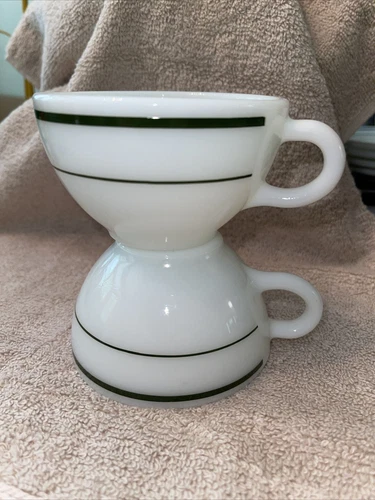 Vintage Pyrex Double Tough Tea Coffe Cups Green Stripe Milk Glass, Set of 2