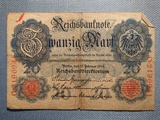 Old Reichsbanknote Money Note Twenty 20 Mark Berlin 19 February 1914 O2196941