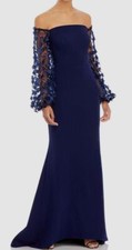 Eliza J Women's Blue Mesh Floral Sleeve Off The Shoulder Gown Dress Size 4