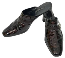 Brighton Shoes Brown Leather Tudor Mules Faux Croc Womens 10 Slip On Buckles