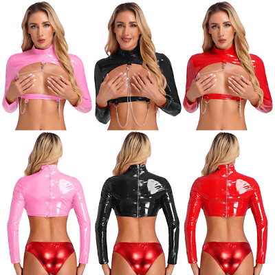 Women's Leather Jacket Cropped Shrug Chain Harness Shirt Top Long Sleeve Blouse