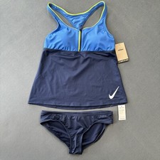 NIKE Women's 2-Piece Colorblock Racerback Tankini Swimsuit Set Blue /Navy Size M