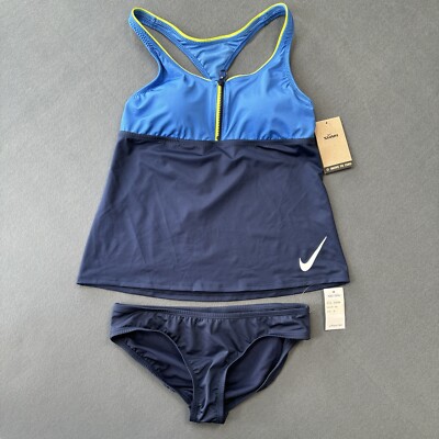 NIKE Women's 2-Piece Colorblock Racerback Tankini Swimsuit Set Blue /Navy  Size M