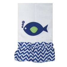 Fish Guest Hand Towel Blue White Linen Embroidered Ruffle Coastal Nautical Beach