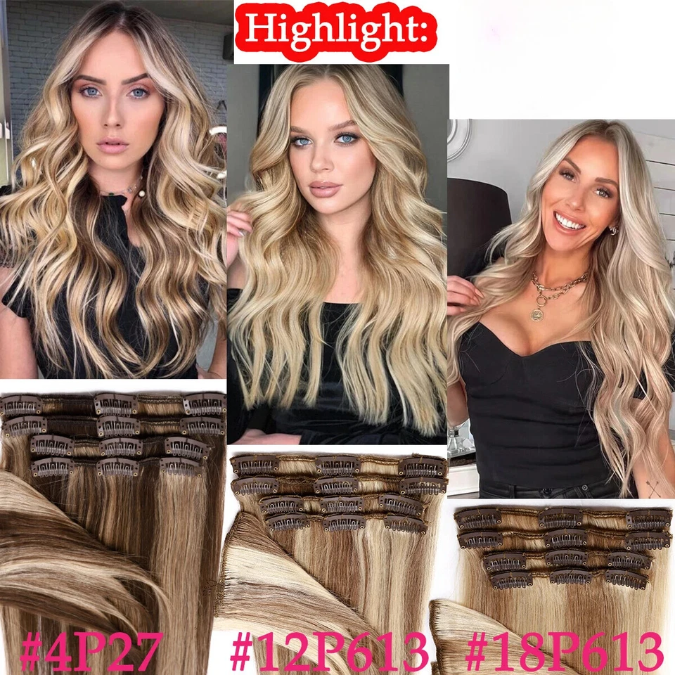 100% Echthaar Clip In Remy Haarverlangerung Extensions Glatt 8 Tressen Dick Lang - Bild 2 von 4