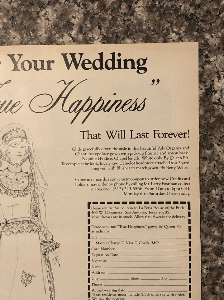 1979 年 La Feria House Of Bride 印花广告圣安东尼奥复古 20 世纪 70 年代婚礼新娘商店 — 第 3/4 张图片