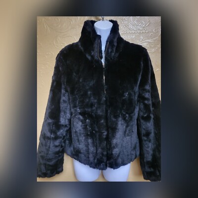 KRISTEN BLAKE VINTAGE FAUX FUR JACKET SMALL BLACK ZIPPER FRONT