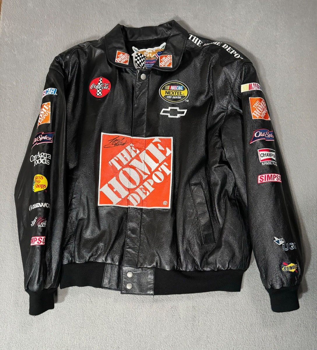NASCAR Tony Stewart ジャケット XL 古着 Tony Stewart Signed Nascar Home Depot Racing Leather Bomber Jacket