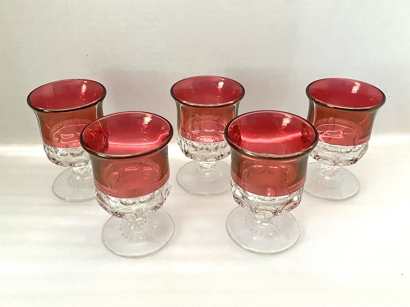 Lot of 5 Indiana Glass King's Crown Ruby Red Rim Thumbprint 3 3/4” Glasses EUC