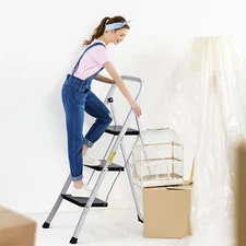 3 Step Ladder Folding Step Stool Ladder with Handgrip Anti-Slip Sturdy, White