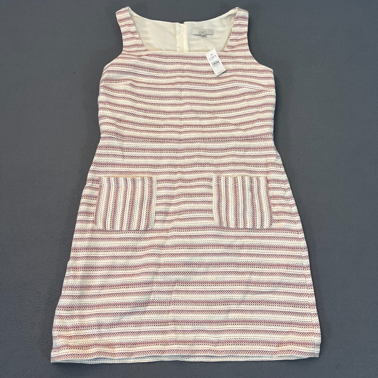 Loft Women's Pink White Striped Textured Pocket Sheath Dress Size 14 Tweed NWT