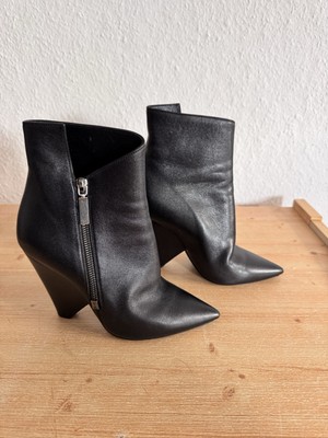 Saint Laurent Niki 105 Leather Ankle Boots 37 black pointed toe cone heel