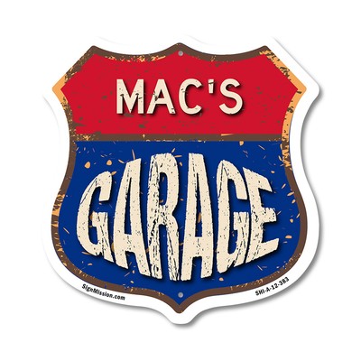 Mac's Garage Shield Shaped Sign Weather Resistant Crafted in the USA