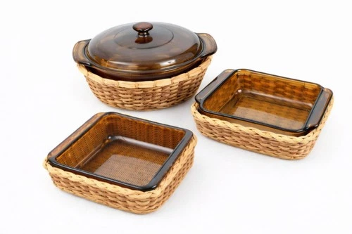 Vintage Pyrex & Anchor Hocking Amber Glass Casserole Dish Set w Wicker Baskets