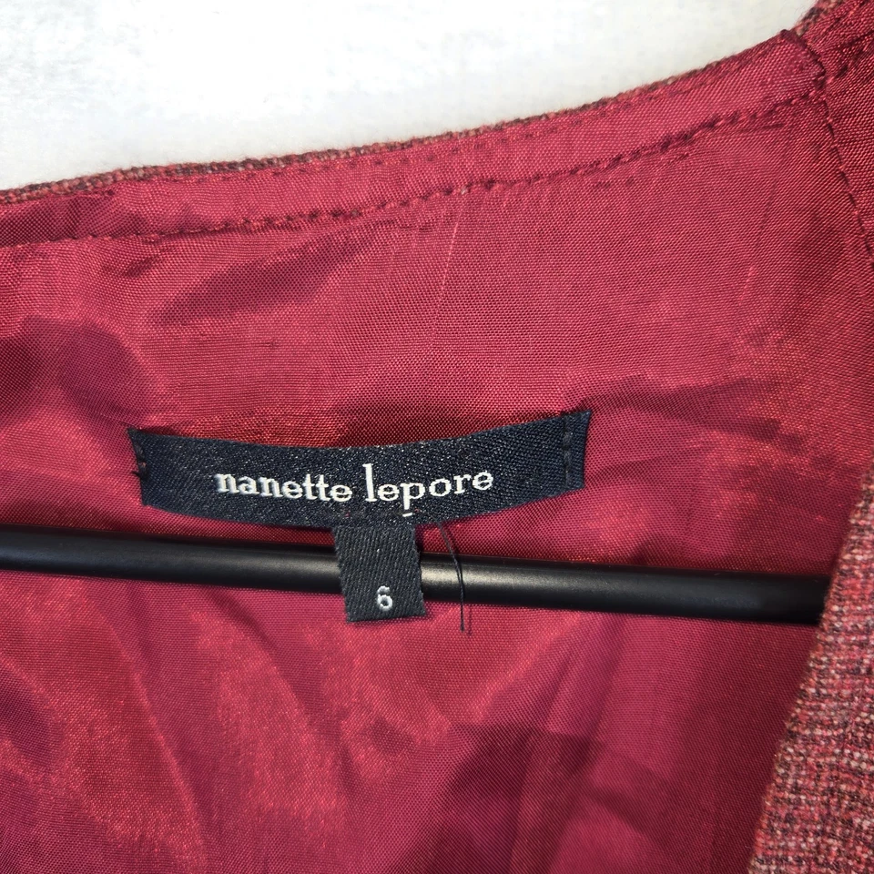 Nanette Lepore Red Wool Blend Tweed Ruffle Neck Cap Sleeve Sheath Dress Size 6 - Image 3 of 4