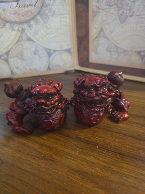 Pair Foo Dog Resin Figurines Heavy Red Cinnebar Matte Finish Great Condition 3x3