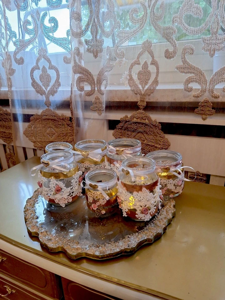 7x Teelichthalter Shabby Vintage Hochzeit Deko Glas Gold Handarbeit Weihnachten - Bild 4 von 4