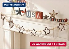4th of July Garland Decorations, Farmhouse Patriotic Banner with Rattan Stars an