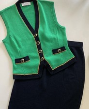 St John Vintage 80s Knit Vest Skirt Set S M Green Perfect
