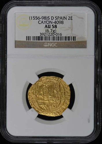 (1556-98)S D SPAIN CAYON-4098 2E NGC AU58 Gold 2 Escudo (6.7g)