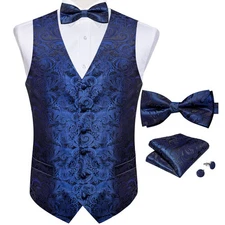 Mens Waistcoat Royal Blue Paisley Vest Bow Tie Hankie Cufflinks Set Wedding