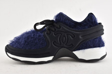 Chanel 18A Black Navy Blue Stretch Fabric Knit CC Satin Flat Trainer Sneaker 37