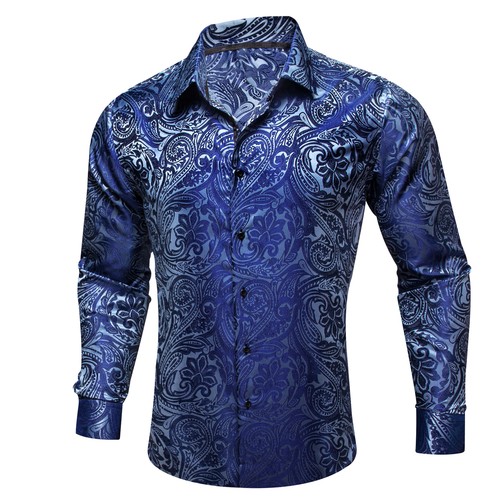 New Mens Silk Shirts Blue Red Grey Floral Dress Shirt Long Sleeve Button Down - Picture 116 of 169