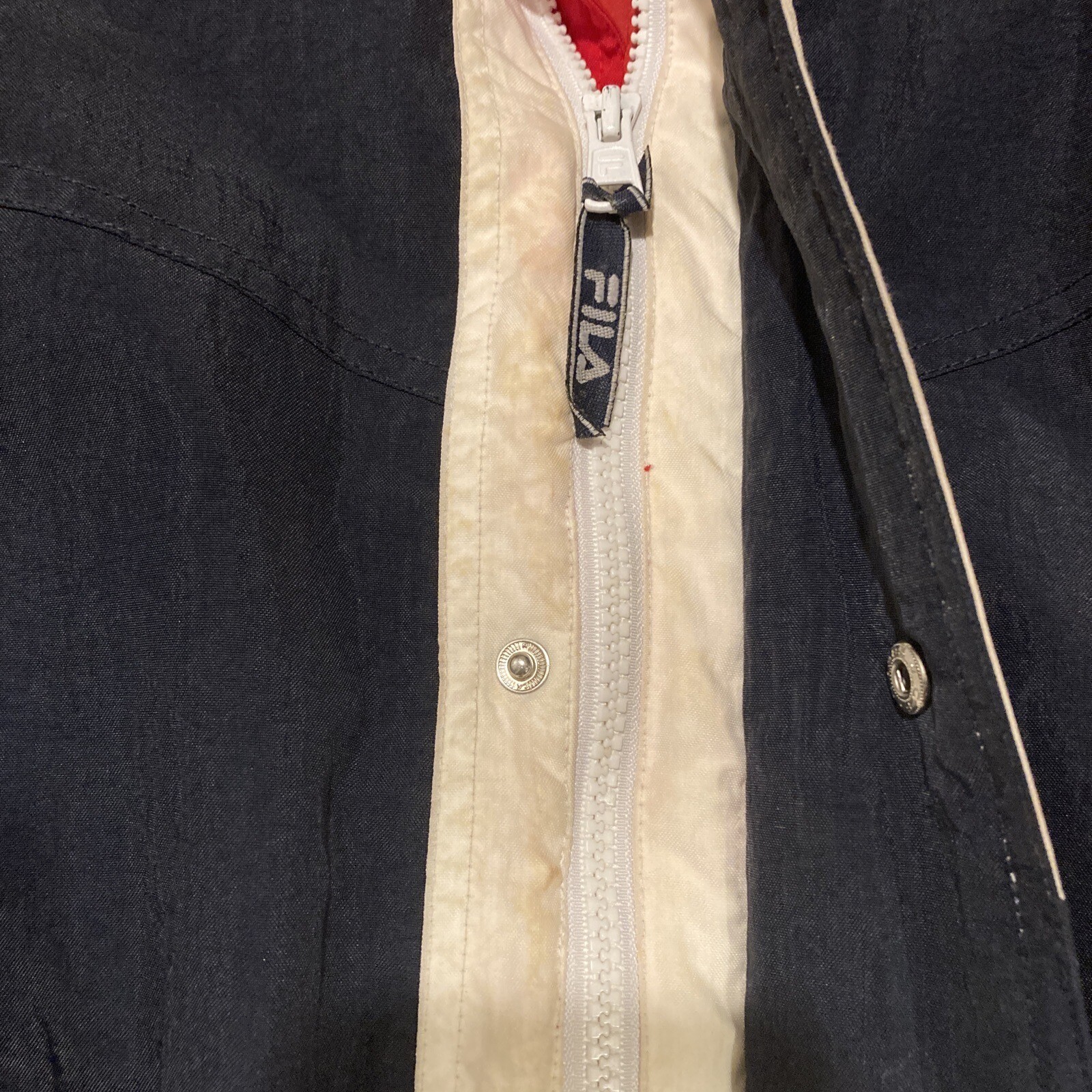 Cappuccio Giacca Vintage M Fila Rosso Bianco Blu Cerniera e Bottoni 2 + Tasca Manica