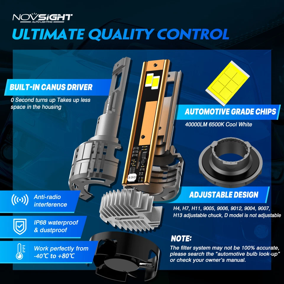 NOVSIGHT H13 9008 LED Headlight Bulbs High Low Beam 6500K 40000LM White 200W 2pc - Image 3 of 4