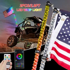 Pair 3ft RGB Spiral LED Whip Lights Antenna Chase w/ USA Flag&Remote for ATV UTV