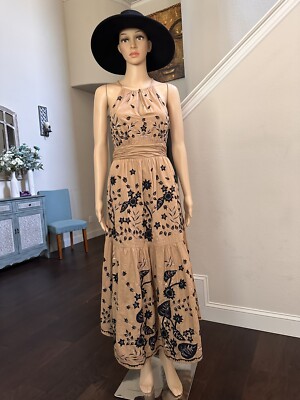 Anthropologie Maeve Veruschka Embroidered Maxi Dress Ruffle Hem Tan Black 4  NWT | eBay