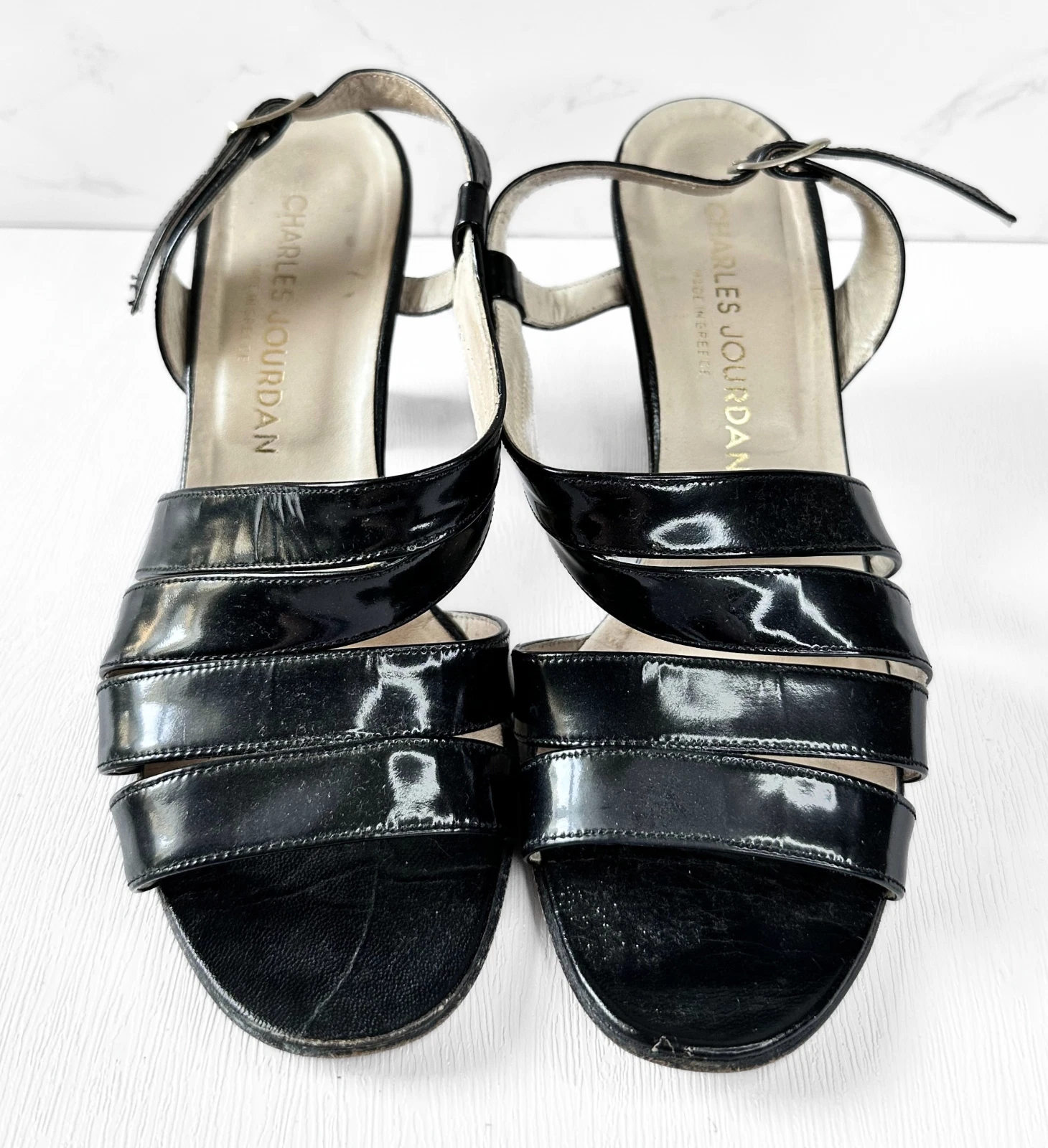 JORDAN Scarpe di design Sandali vintage Charles Jourdan neri con cinturino UK 4 Eur 37 retrò