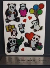Vintage Stickers Panda Bears Hearts Balloons Foil Mylar BJ Sticker Sheet LARGE