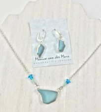 NOS  Beach Glass, Sea Glass, Necklace and Earring Set  Ocean Blue, Handmade