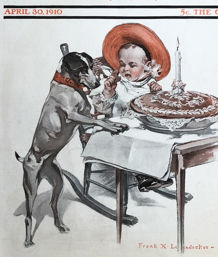 1910 SAMSTAG ABEND POST UMSCHLAG Hund und Baby’s 1. Geburtstag Torte ILLUSTRATION - Bild 2 von 3