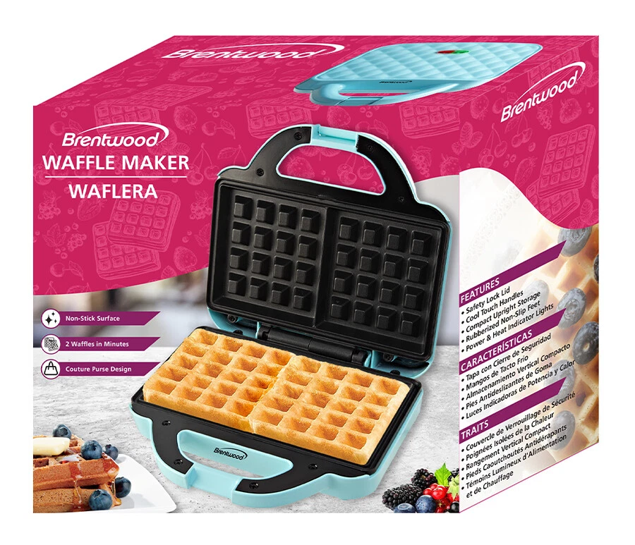 Brentwood TS-239BL 1080W Couture Purse Non-Stick Dual Waffle Maker Blue 120V NEW