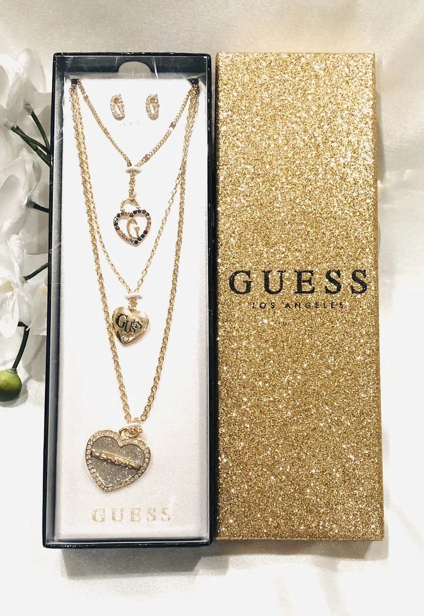 GUESS Triple Hearts Layering Necklace With Crystal G Earrings Gift Boxed Set NWT