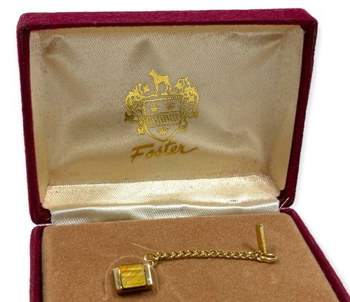 Vintage Foster Genuine Tigers Eye Tie Pin / Tack W Box New Old Stock Gold Tone [ - Picture 4 of 8