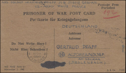 Kriegsgefangenenpost Postkarte für Kriegsgefangene PASSED BY ARMY 1089 / 17.1.45 - Bild 1 von 2
