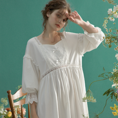 Cotton Nightgown Elegant Lady Spring SleepwearDress Women Summer